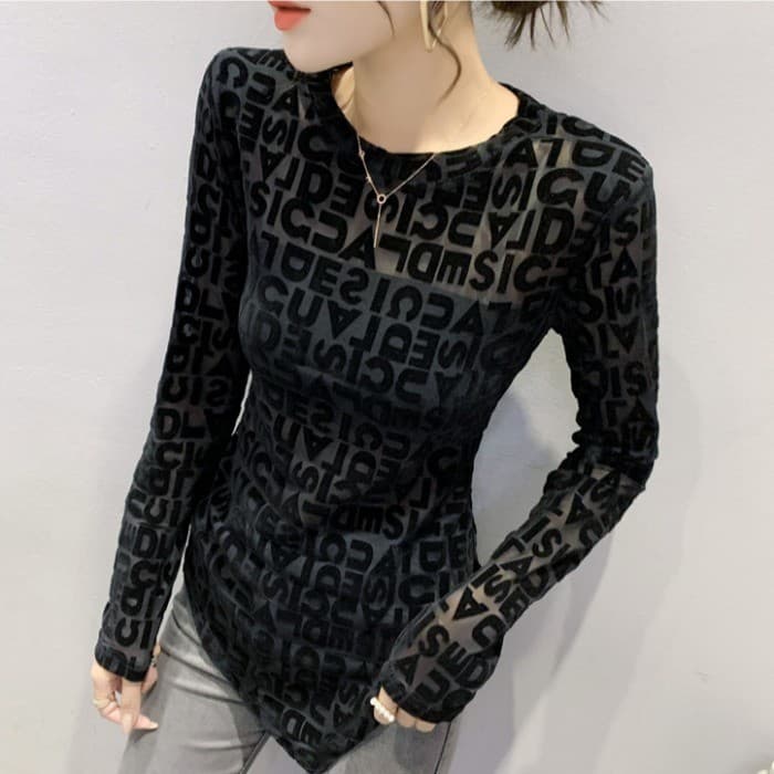Moda Irregular divisão camiseta feminina de manga comprida produto europeu impresso gaze topo fino-ajuste All-Match infe