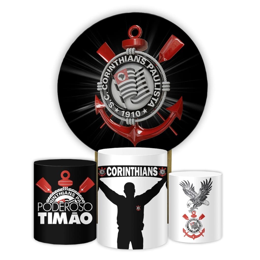 Kit Aniversário Timão Corinthians Capa Painel Redondo E Cilindros Decoração Festa Futebol