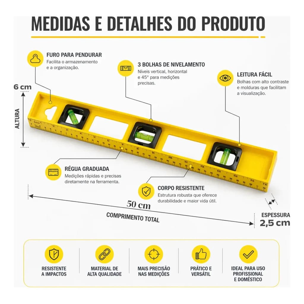Nível Plástico Amarelo 50cm Com Régua 3 Bolhas Medição Obra