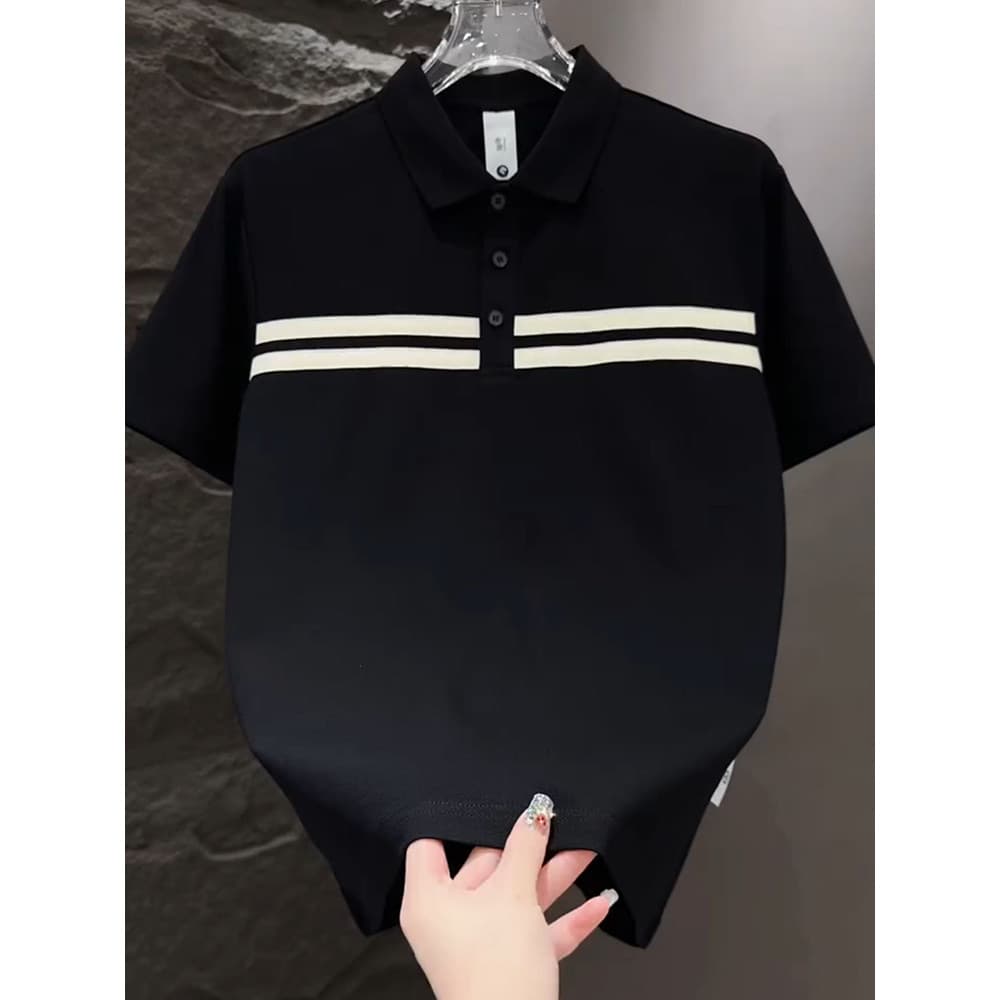 Camisa Polo listrada com costura masculina, manga curta, verão 2025, moda jovem, temperamento, luz, luxo, meio-