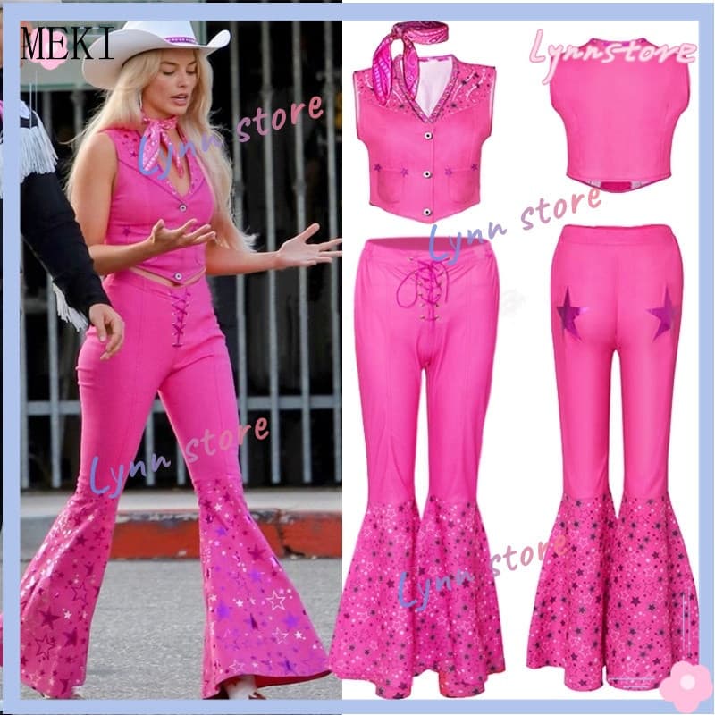 Fantasia de Cosplay da Barbie, Traje Feminino de Filme, Uniforme Rosa, Conjunto de Top e Calças, Vestido Margot Robbie,