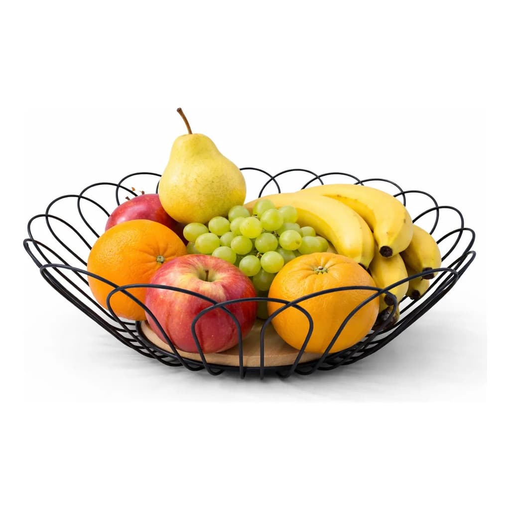 Fruteira De Mesa Preta Com Base De Madeira 28cm Porta Frutas