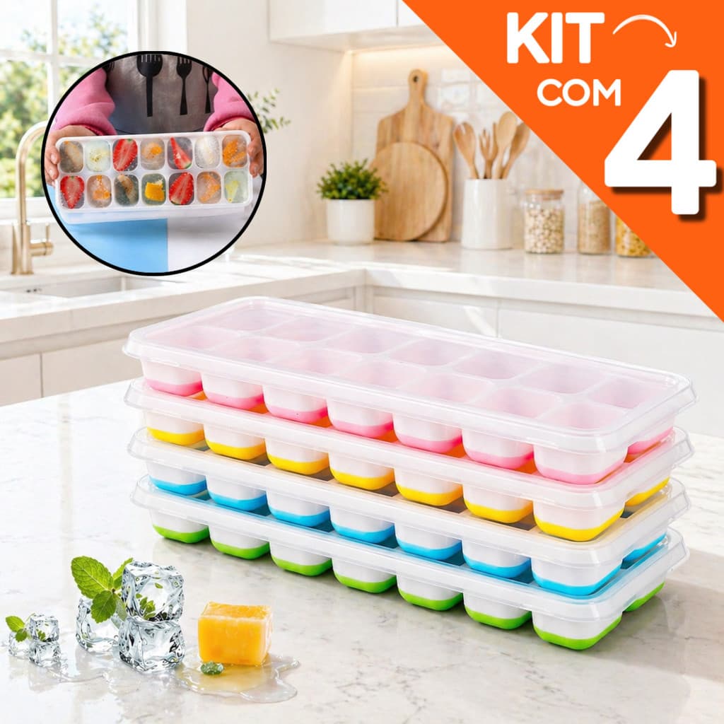 Kit 4/2/1 Formas de Gelo Silicone Com Tampa Rígida Flexível Fundo Retangular Multiuso Compacto