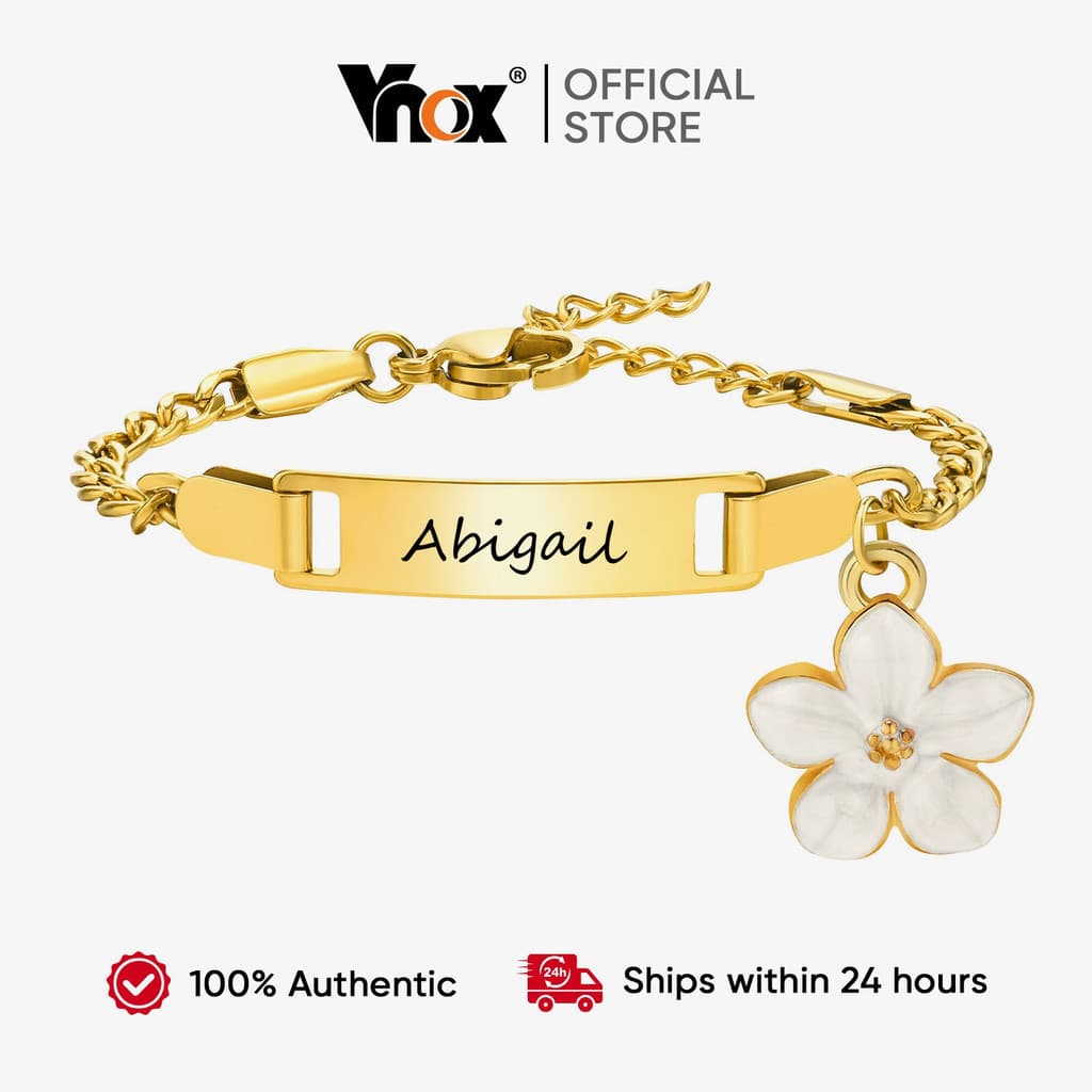 Pulseira Personalizada com Nome de Bebê e Flor da Vnox para Meninos e Meninas, Gravação em Aço Inoxidável Hipoalergênico