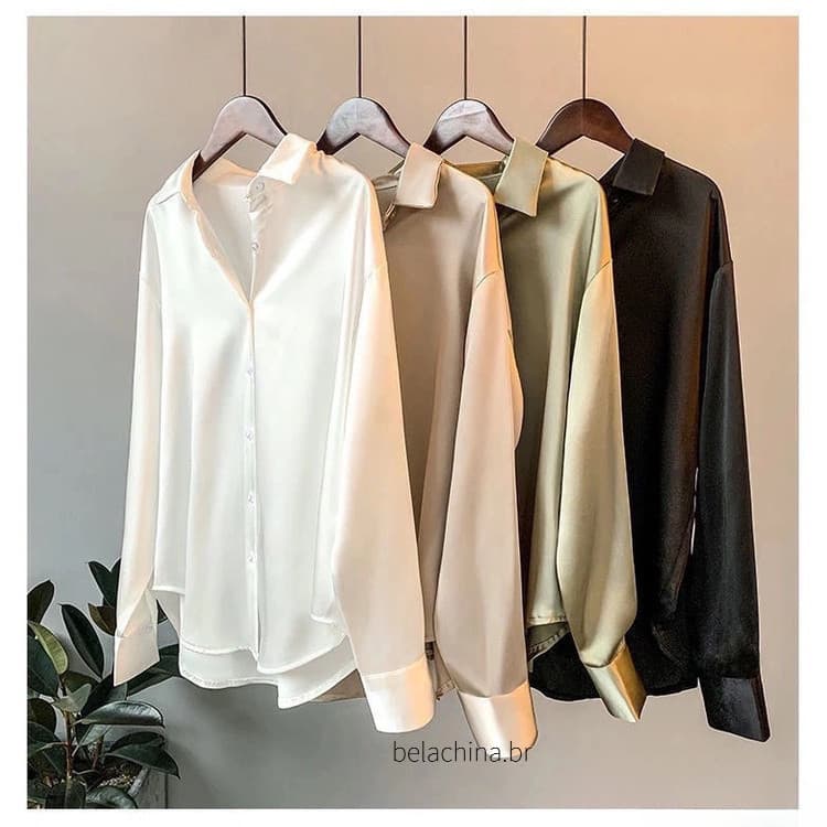 Camisa Feminina de Cetim de Manga Longa 2026 Solta/ Retrô/ Simples/ Casual/ Cor Sólida/ Versátil