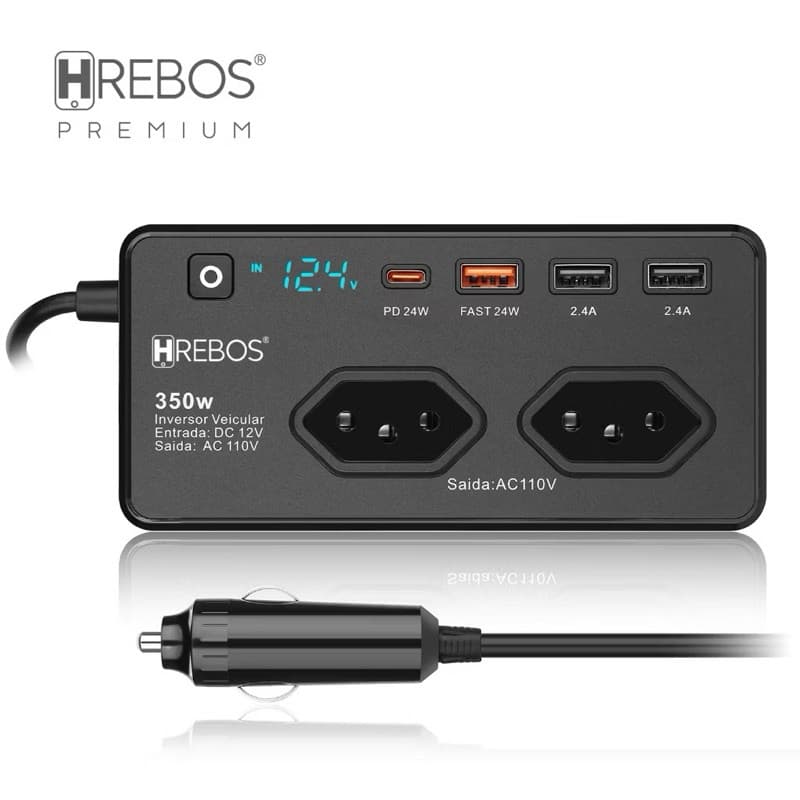 Inversor HREBOS Conversor 350W 12v Para 220v Tomada + 4 Usb + 1 tipo-c