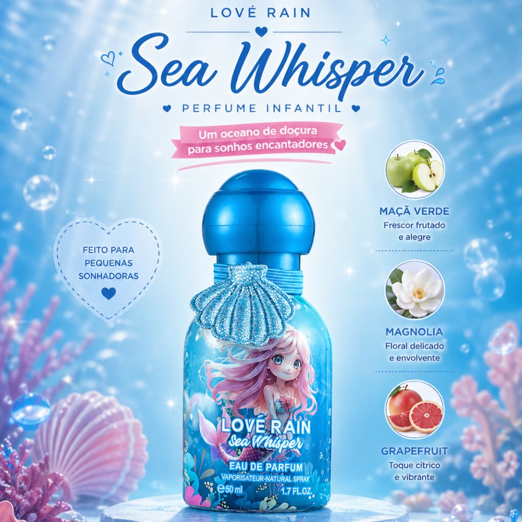 Perfume Infantil Feminino Fresco Frutado Floral Fragrância Delicada Longa Duração 30ml Sea Whisper Lové Rain