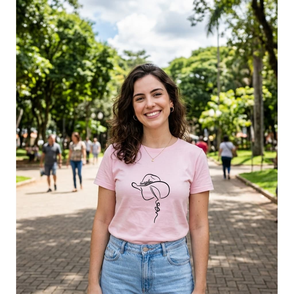 Camiseta Feminina Estampa Chapéu Country Minimalista Rosa Manga Curta Algodão