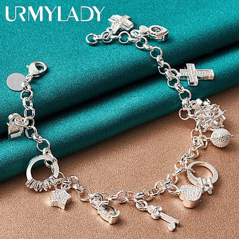 URMYLADY 925 Sterling Silver Lock Moon Heart Cross Charm Chain 20CM Pulseira Para Mulheres Homem Casamento Festa De Noiv