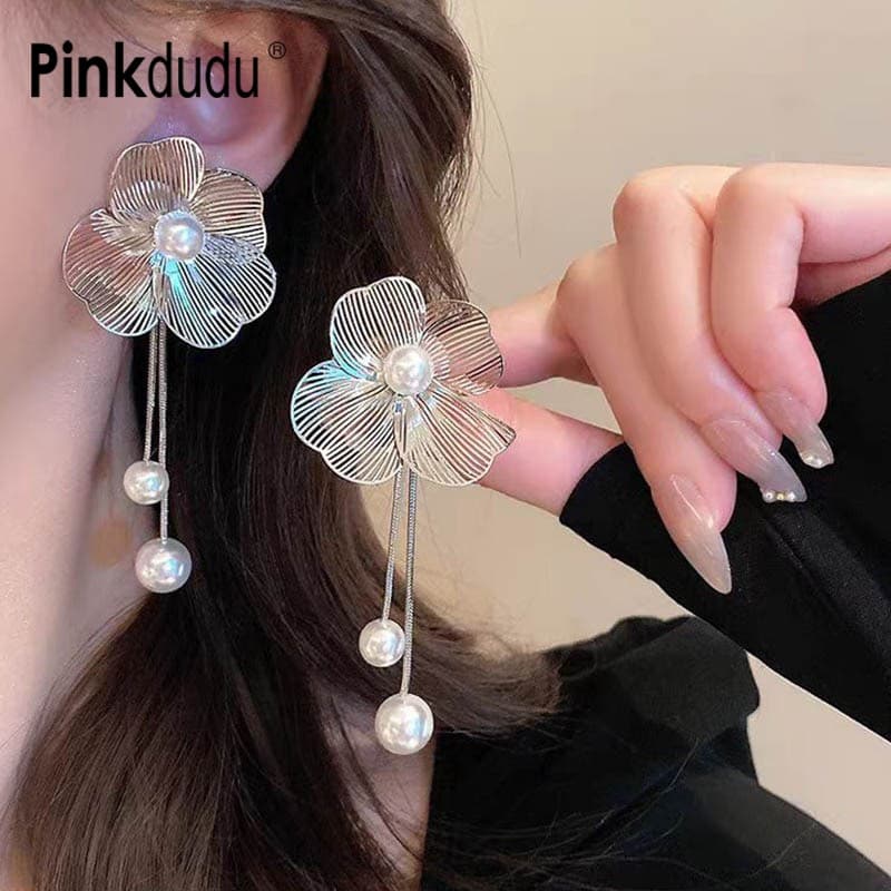 Fashion Metal Flower Tassels Pearl Drop Earrings Elegante S925 Dangle Jóias Presente Para Mulheres PD2012