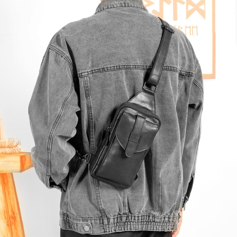 Bolsa de peito de couro masculina bolsa mensageiro na moda primeira camada de couro pequena bolsa de ombro multifunciona