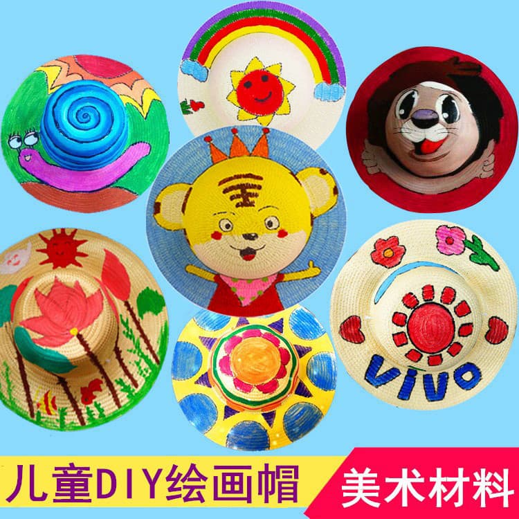 Chapéu de palha diy pintura chapéu crianças pintura chapéu de palha artesanal criança pai-filho atividades arte criativa
