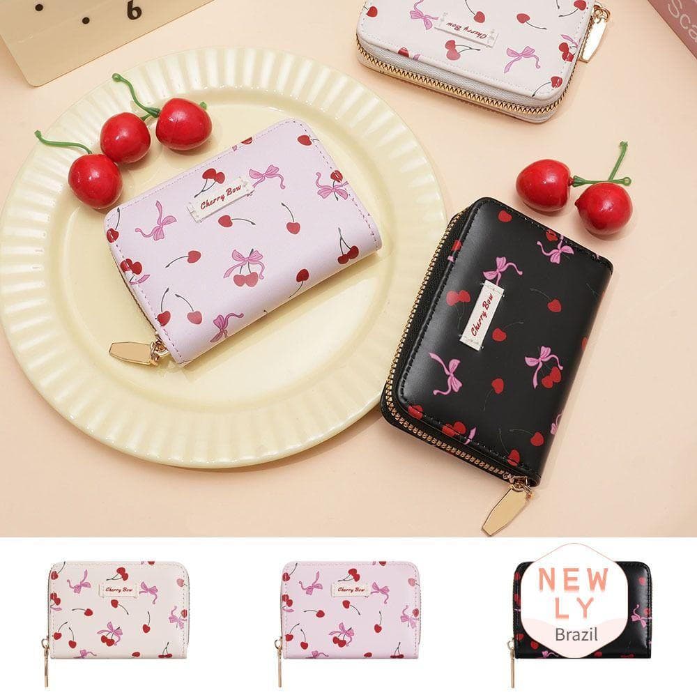 Bolsa Para Cartão LIAYING Cherry Bow , Carteira Curta De Couro PU De Grande Capacidade , Leve Dinheiro Com Laço Cereja