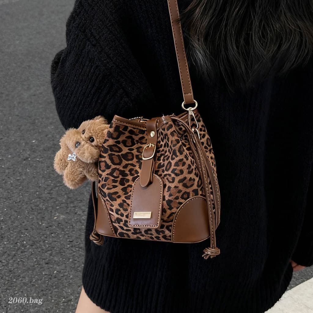 Nicho Design moda leopardo impressão All-Match balde saco 2025 elegante requintado cordão outono inverno venda quente bo