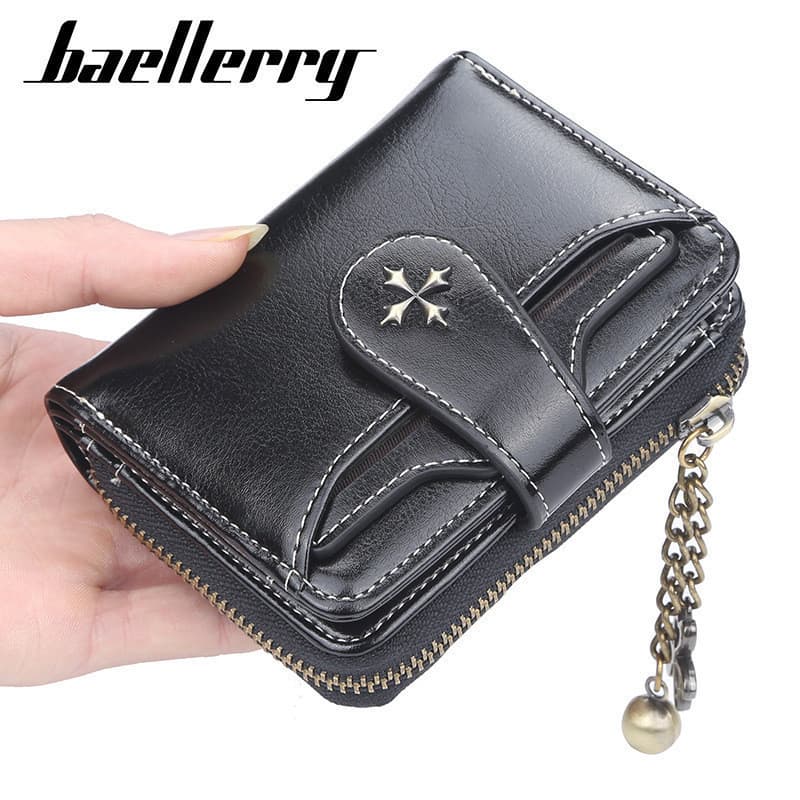 Baellerry Bolsa De Couro De Cera Cor Sólida Para Moedas Moda Fivela Com Zíper Carteira De Motorista Senhoras Curta .