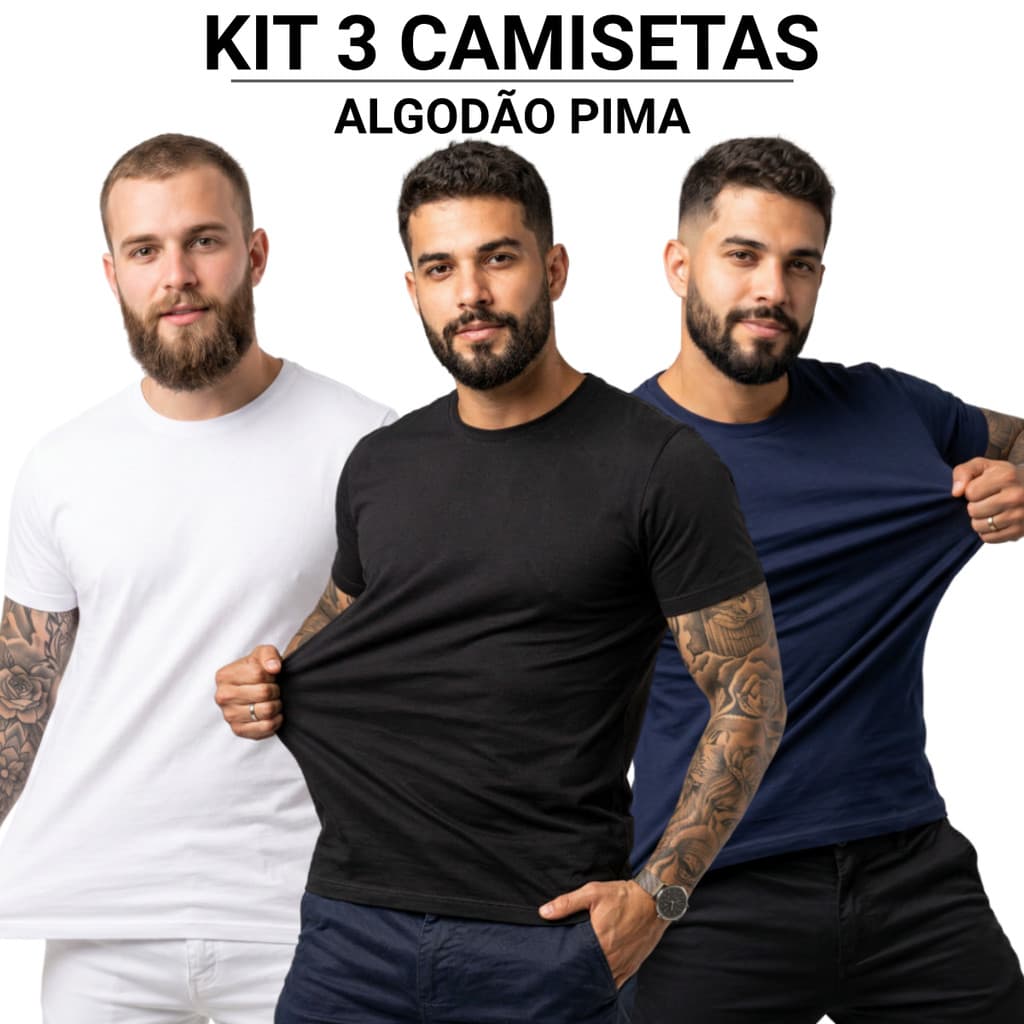 KIT 3 Camiseta Masculina Algodão Pima Premium 40.1 Básica Casual e Dia e Dia