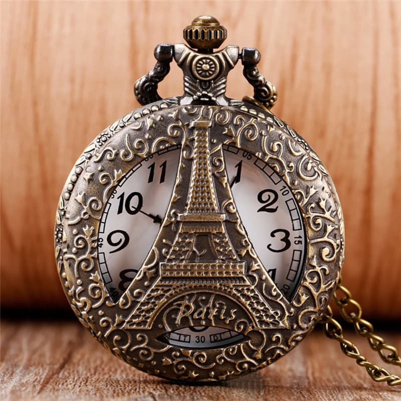 Vintage Retro Oco Paris Torre De Ferro Eiffel Analógico Relógio De Bolso De Quartzo Colar Corrente