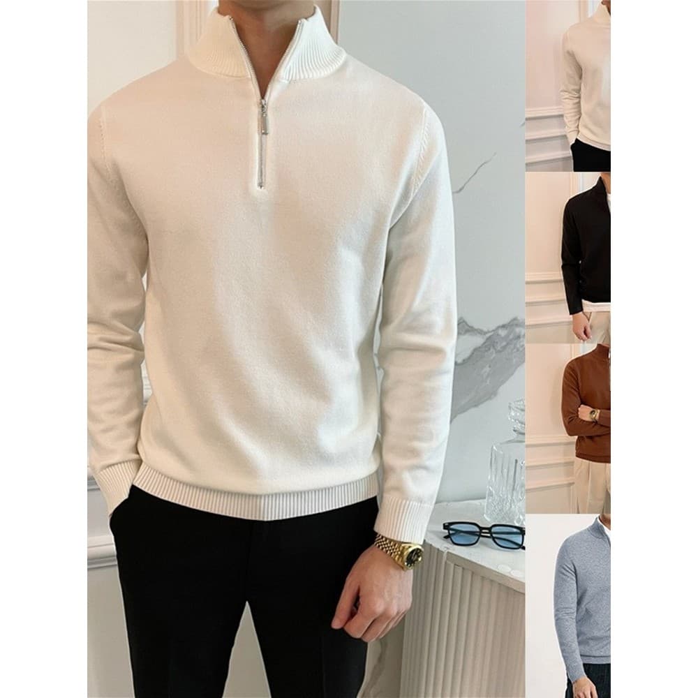 Outono inverno novo estilo meio zíper manga comprida malhas camisola masculina negócios fino ajuste cor sólida camisa de