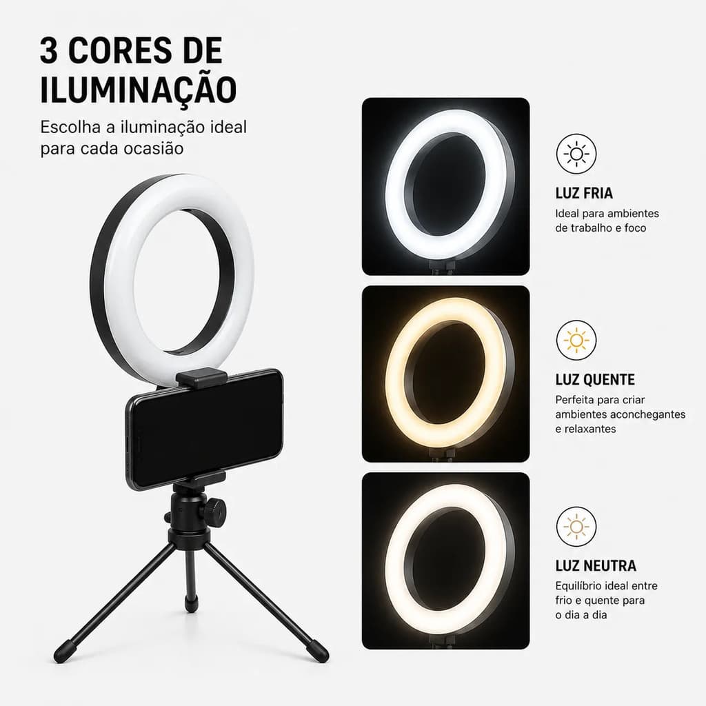 Ring Light 20cm LED + Suporte para celular + Tripé Suporte para Youtuber Videos Lives Redes sociais Viralizar