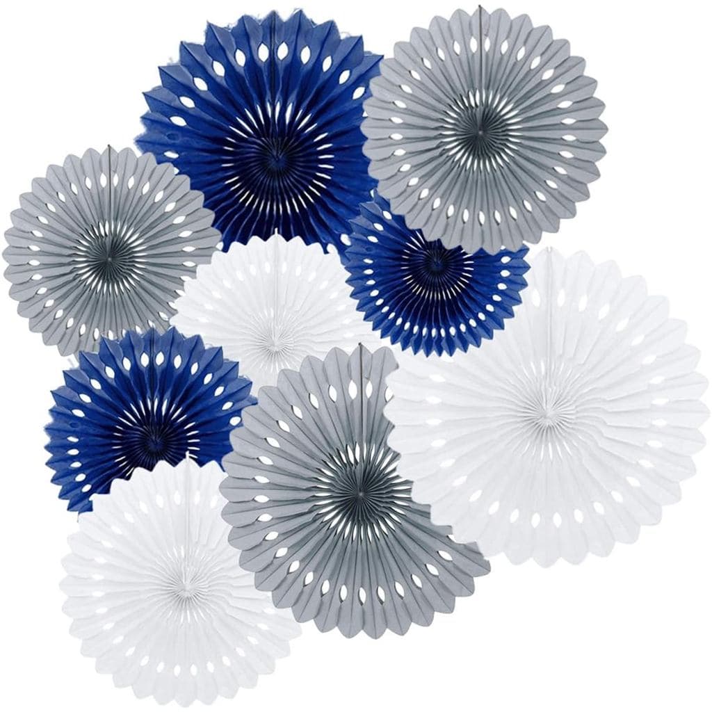 9 Peças de Papel de Seda Azul Marinho, Cinza e Branco, Leques de Papel, Pompons, Tema Náutico para Chá de Bebê Menino, 1