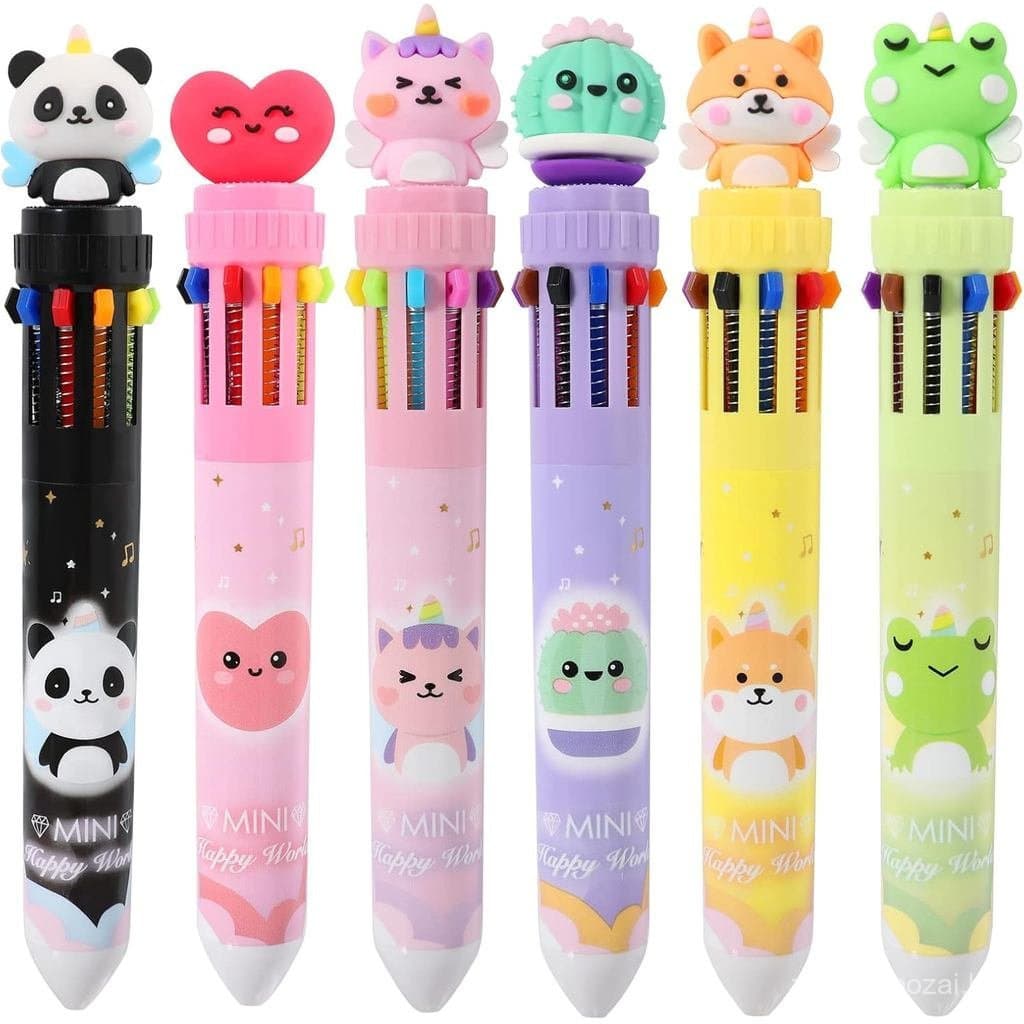 Caneta Esferográfica Multicolorida 0,7 mm, 10 em 1, Canetas Coloridas de Ponta Fina Retráteis com Desenhos de Animais Fo