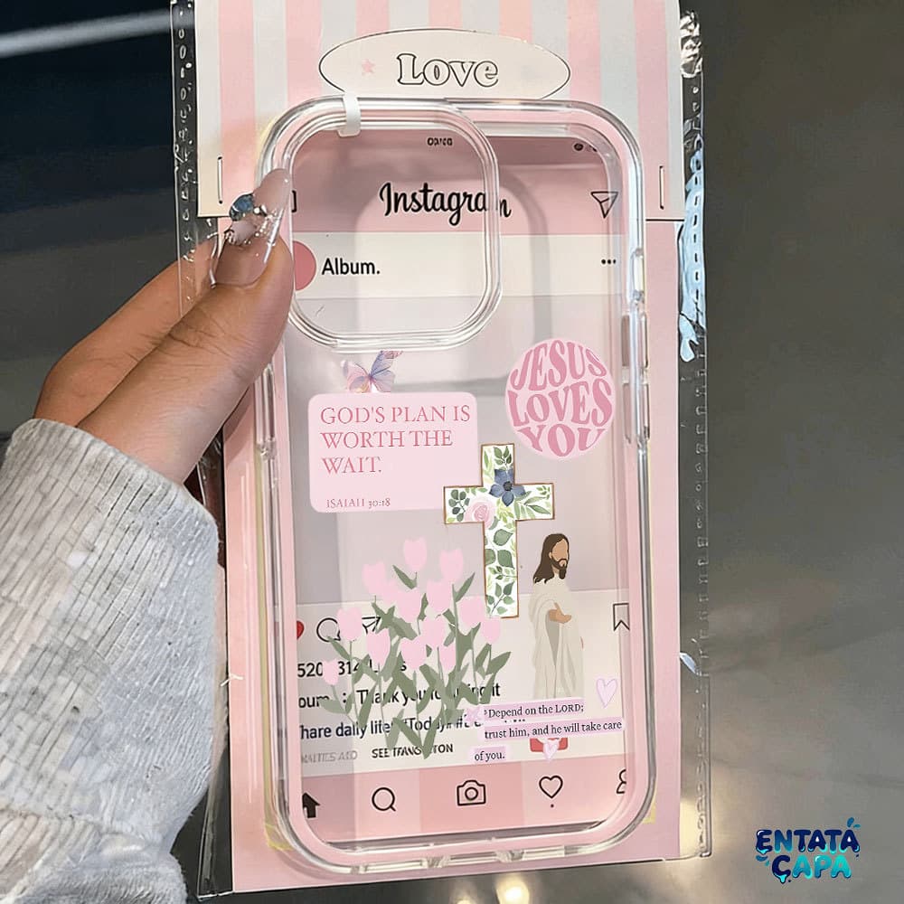 Capa Transparente 2 em 1 para iPhone 17 Pro Max 13 11 16 15 12 14 Plus Air Cristã Jesus Loves You Flores Capinha