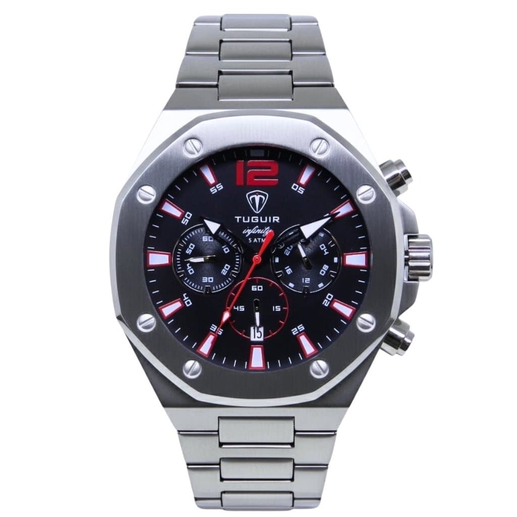 Relógio Cronógrafo Masculino de Aço Tuguir Analógico Infinity GCS-1271 Prata e Preto, 5ATM, LUXUOSO,