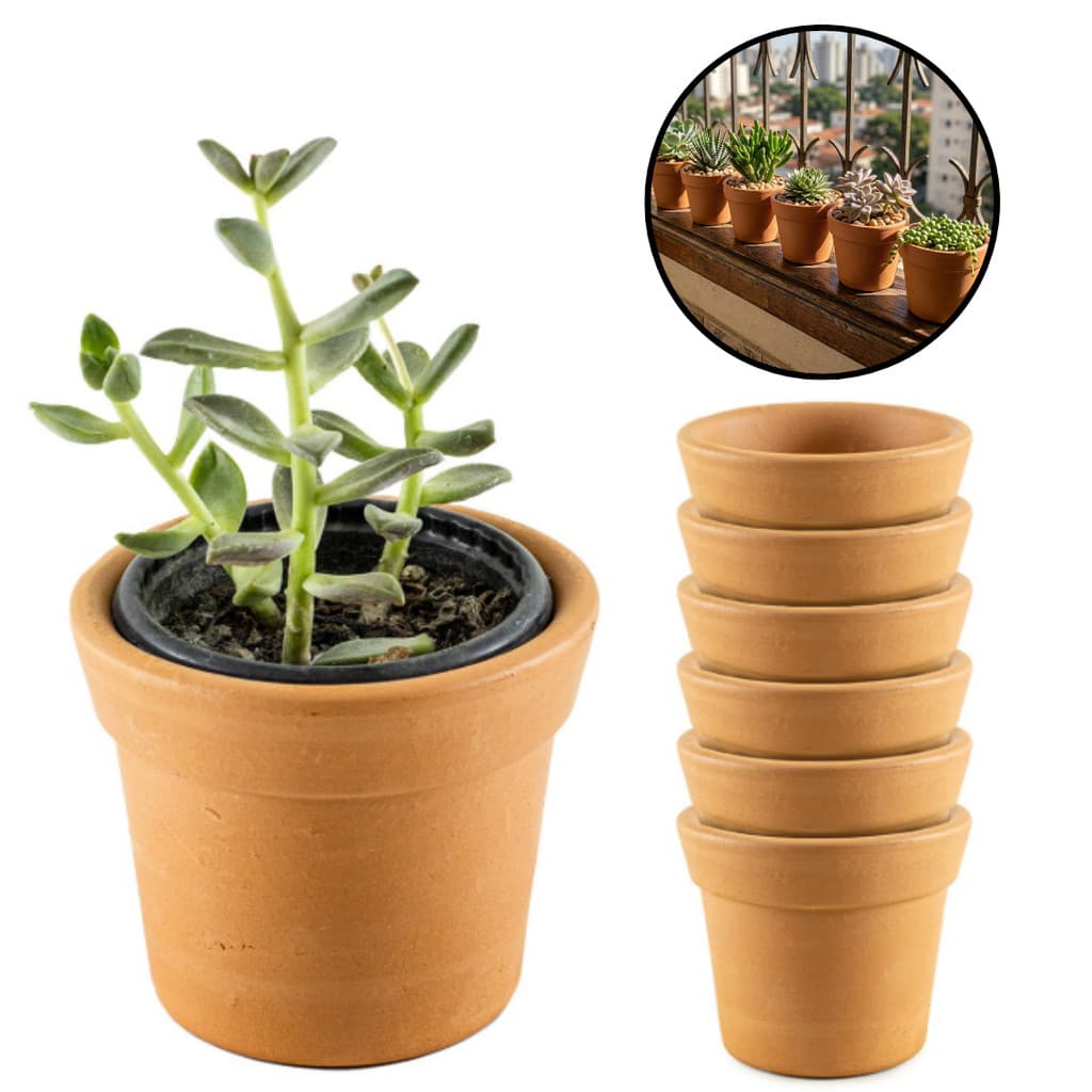 Kit 6 Vasos De Cerâmica Barro Com Furo Para Plantas Suculentas Cactos Flores Pequeno terracota rústico jardim 7x6cm
