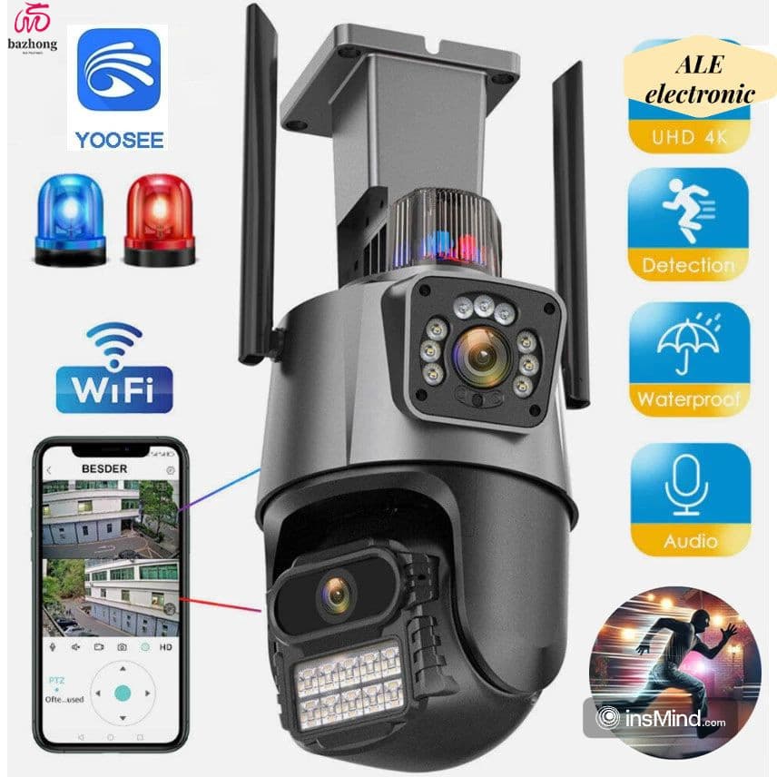 Camera De Segurança 909 Externa Lente Dupla YOSEE IP66 Wi-Fi 360° 4k 6mp Sirene Policial