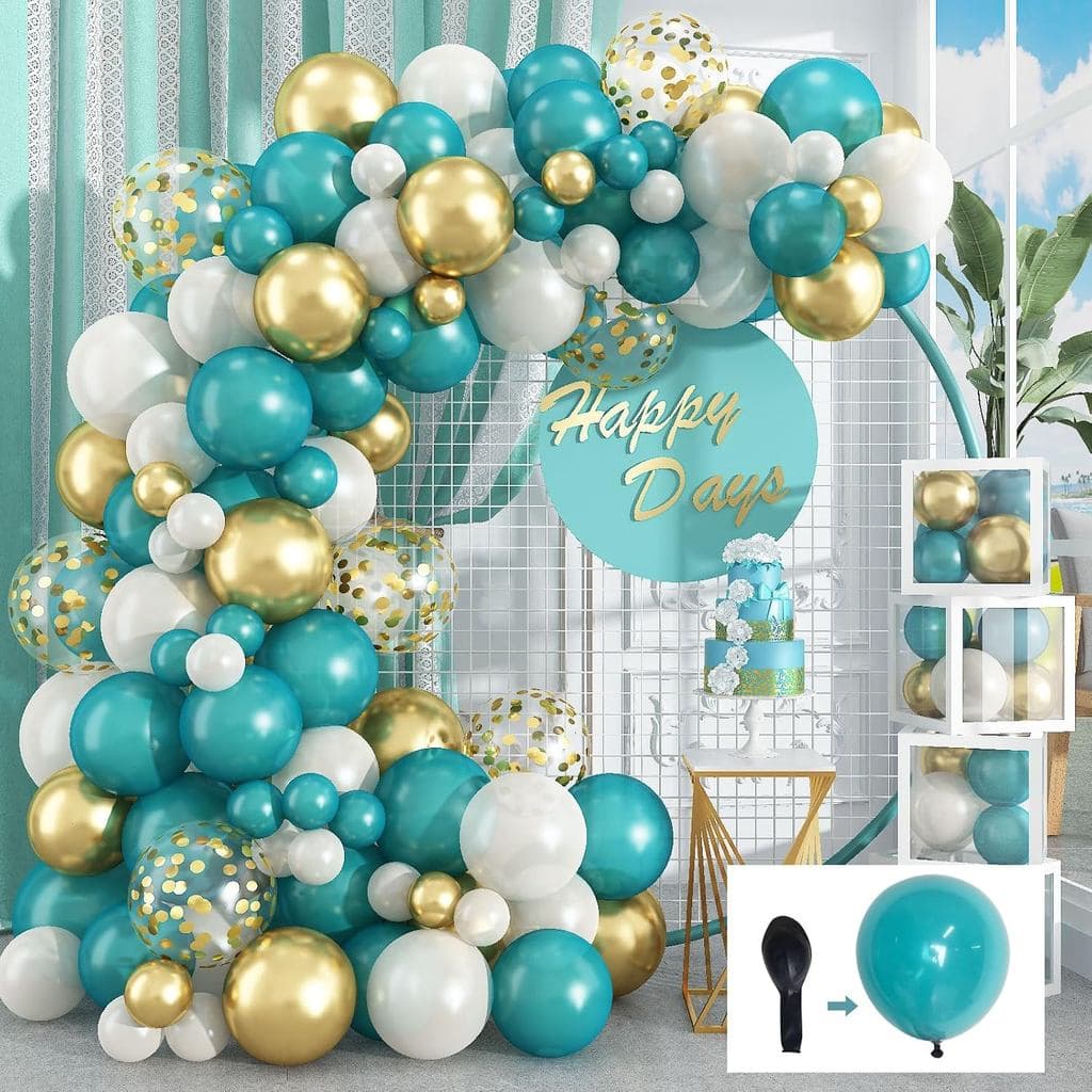 Kit de Arco de Balões Azul Turquesa Fosco e Branco Pérola, Balão Dourado Metálico com Balão de Látex com Confete Dourado