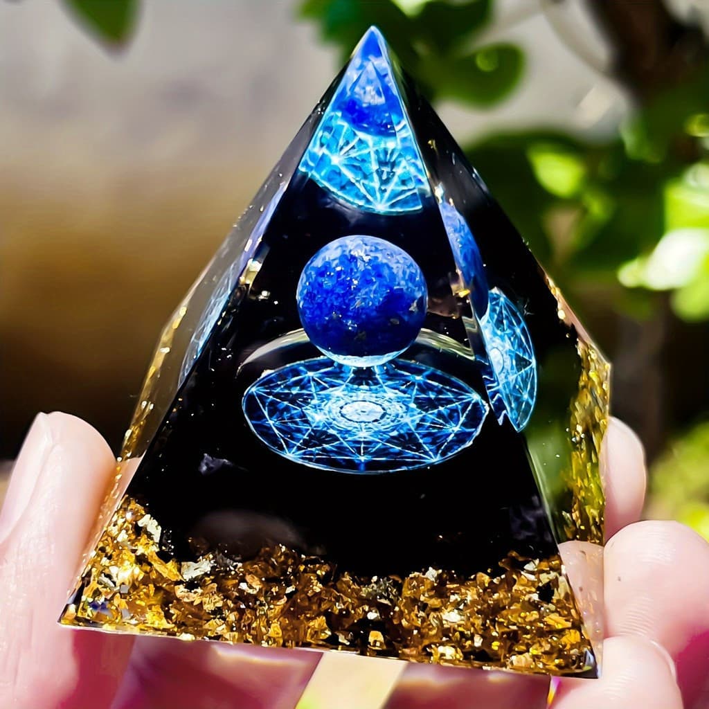 Pirâmide De Orgone Lápis-Lazúli E Obsidiana 5.0 Cm-Pedra Natural Para Energia Positiva , Relaxamento Chakra-Presente De