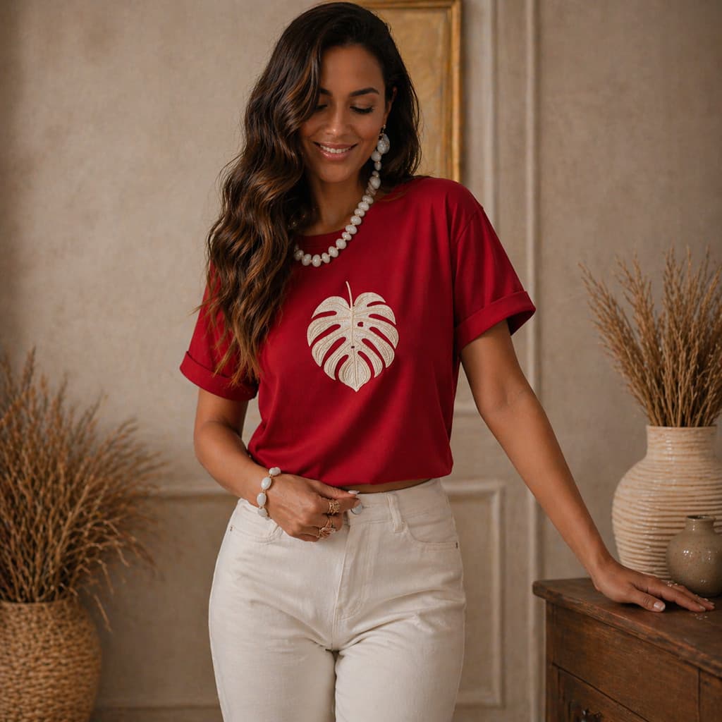Camiseta Feminina Estampa Folha Tropical Verão Aesthetic Boho Casual Algodão Confortável Blusa Estilosa Look Praia Dia