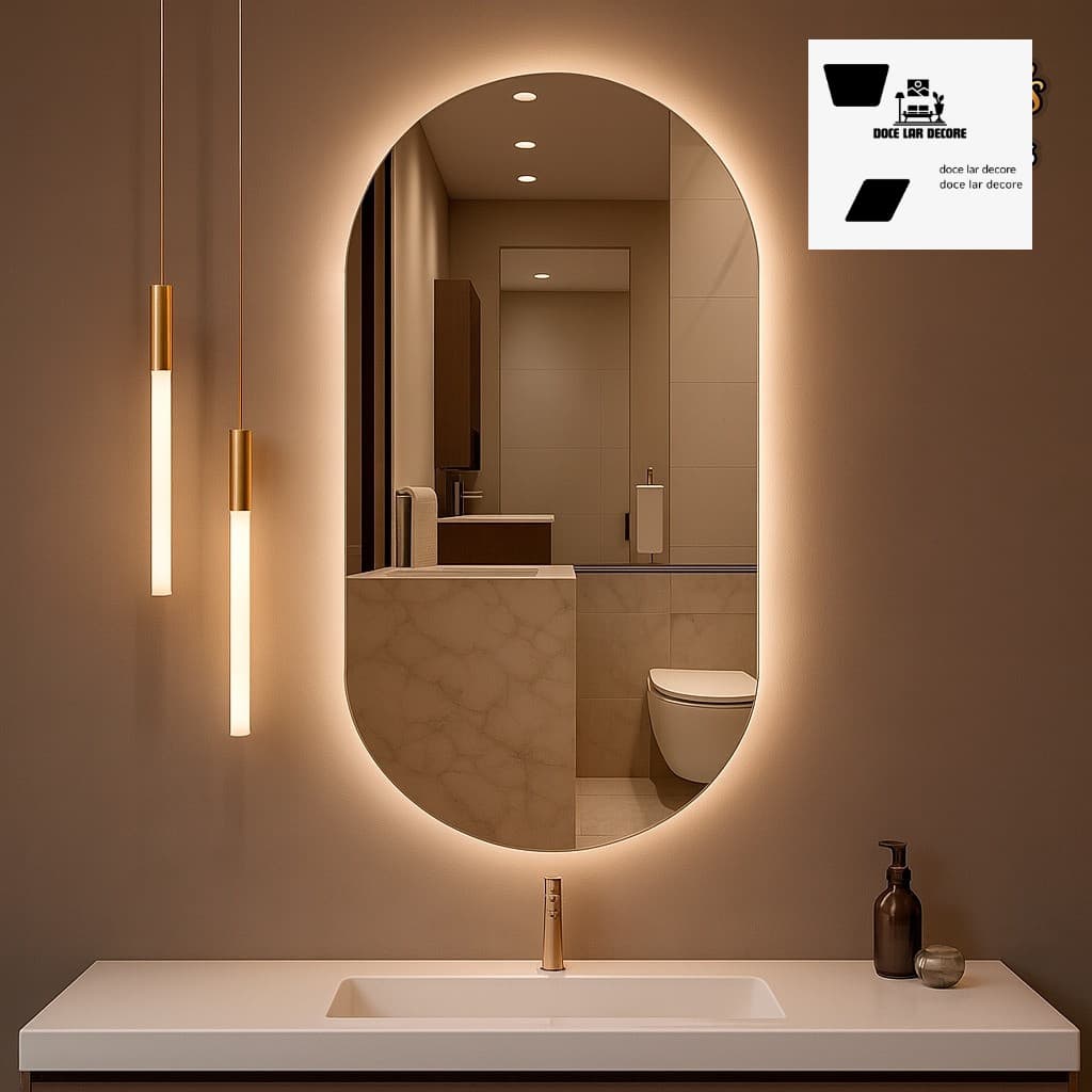 Espelho Oval com LED Moderno Luz  Fria para Banheiro e Quarto Decorativo+ Fita Dupla Face