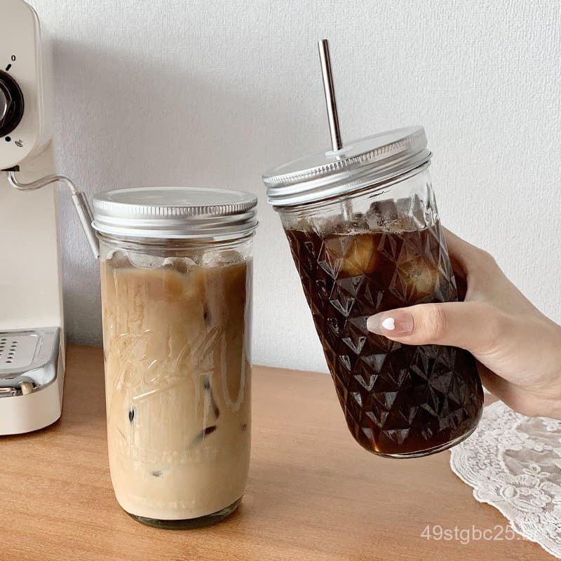 Copo de vidro estilo Ins para café americano e latte, copo portátil com canudo e tampa, grande capacidade para o verão.