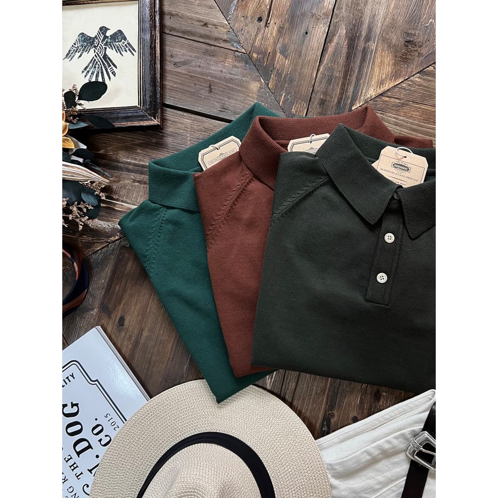 2025 verão estilo fino camisa POLO de malha americano Retro manga Raglan cor sólida lapela manga curta camiseta masculin
