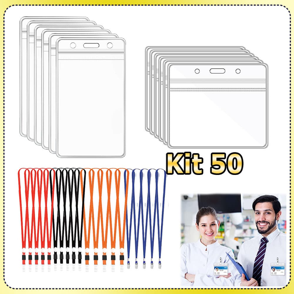 Kit 50 Porta-cartões de identificação com cordões porta-crachás de plástico transparente porta-crachás à prova d'água