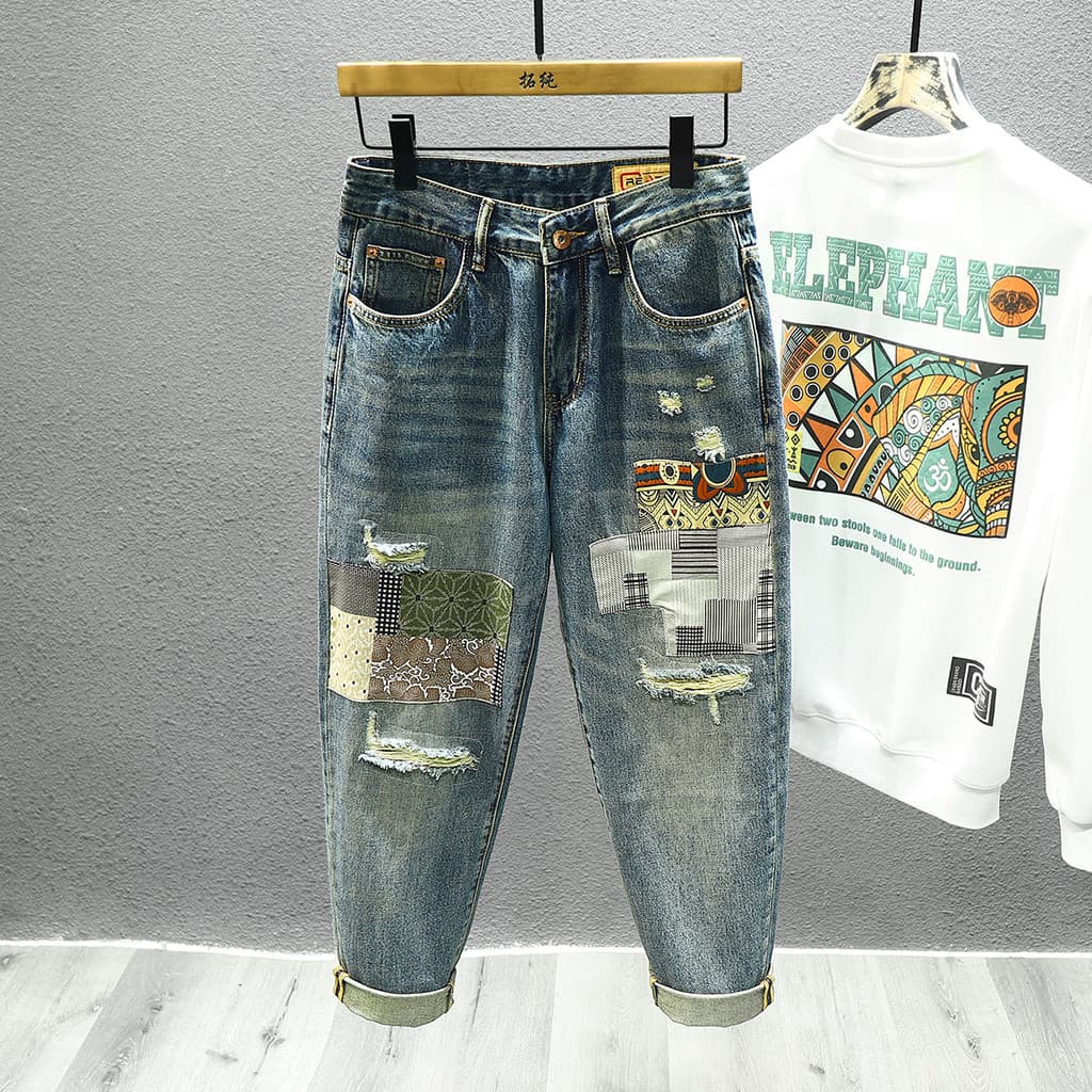 Rasgado remendo Jeans masculino americano Street Wear primavera outono novo estilo solto Harem calças retas Retro remend