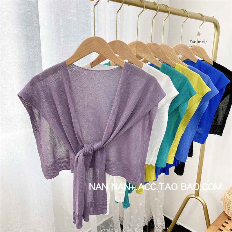 Cor sólida estilo fino gelo seda malha pequeno xale feminino verão versão coreana All-Match atado colar falso colete dec