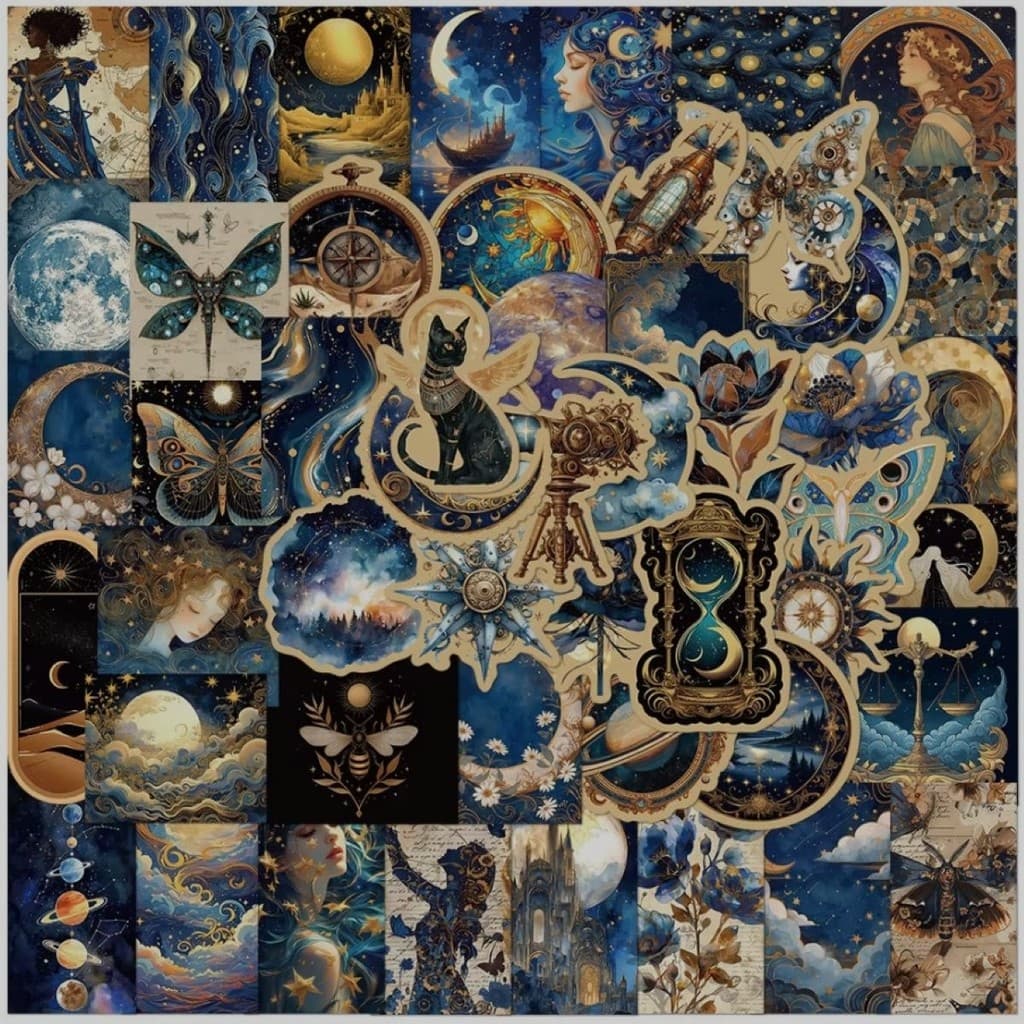 50 Adesivos Fases da Lua Noite Estrelada Gatos Celestiais Místico Decoração
