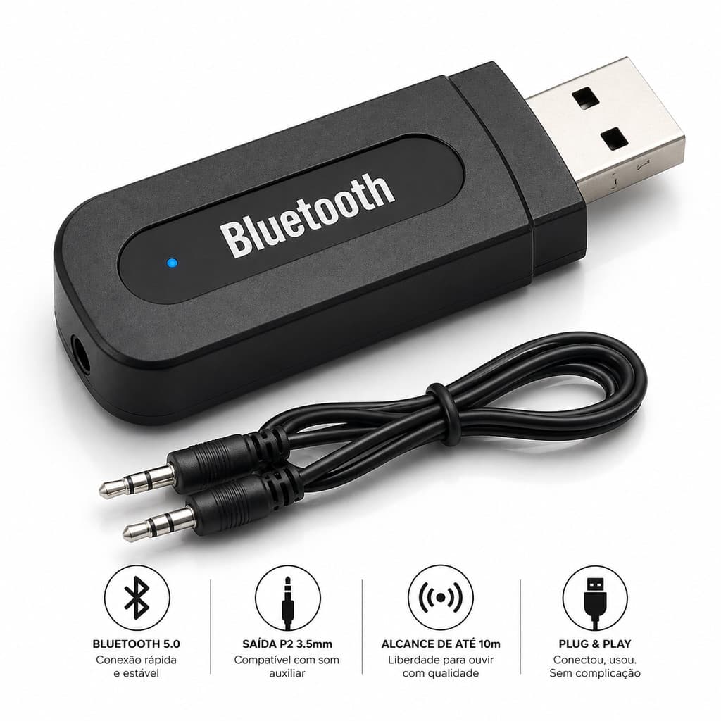 Bluetooth Usb Adaptador Receptor Musica P2 para Som Automotivo USB (3,5mm)