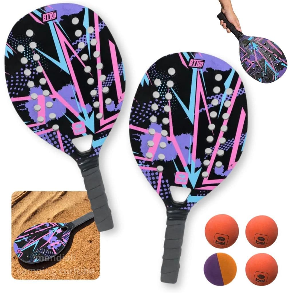Kit Beach Tennis 2 Raquetes Lilas + 4 Bolinhas Borracha Jogo de Praia