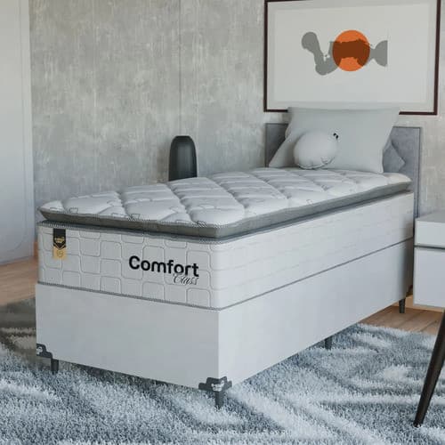 Cama Box Solteiro + Colchão Comfort Class Pillow Top 88x188  Branco/suede Branco