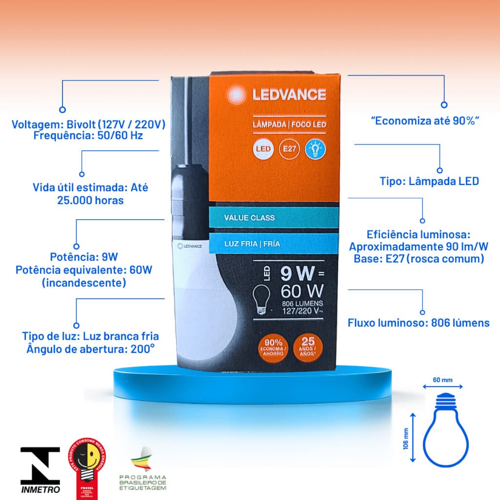Lâmpada LED 9W Luz Fria LEDVANCE E27 | Até 90% de Economia | Longa Duração