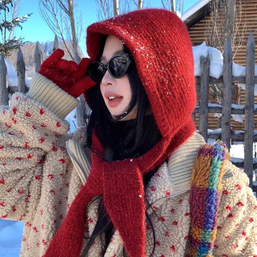 Vermelho Balach Lafa chapéu feminino outono inverno quente lã chapéu cachecol de uma peça com capuz babador chapéu de ma