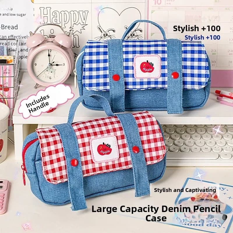 Estojo De Veludo De Grande Capacidade , Bolsa De Papelaria Para Estudantes , Alto Valor Estético , Tecido Jeans Portátil