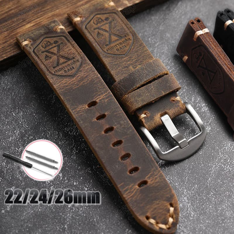 Pulseira de Relógio Vintage Feita à Mão em Couro Genuíno 22mm 24mm 26mm Unissex