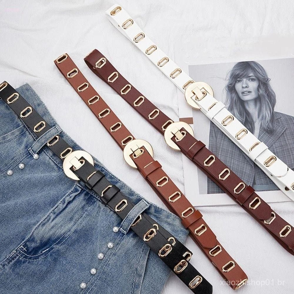 Cinto De Couro PU , Fivela Redonda Oca Feminina Cintura , Personalidade Buraco Fino Y2K Feminino