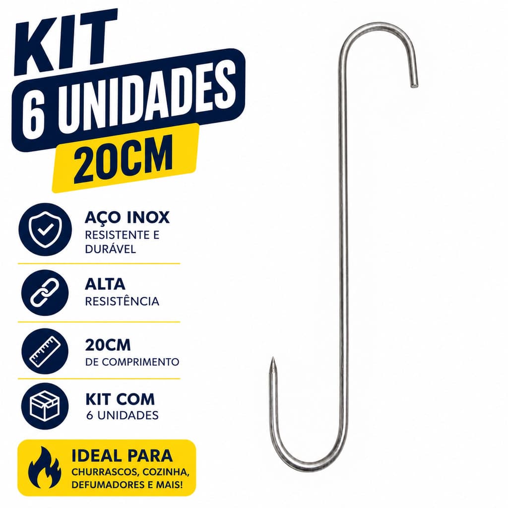 Kit 6 Gancho Grande Açougue Para Expositor De Carne em Aço Inox 20cm