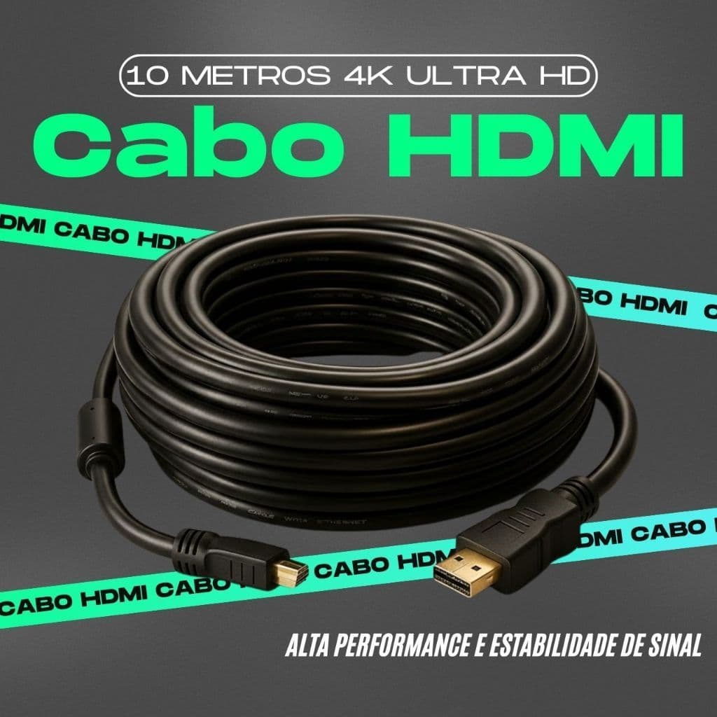 Cabo HDMI 10M 4K Ultra HD HDR TV Videogame Projetor Alta Qualidade Conexão Estável