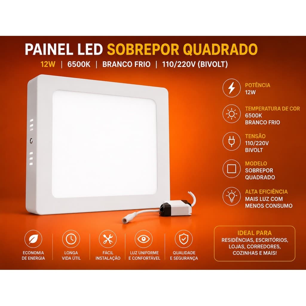 Luminária Painel Led De Teto Plafon Sobrepor 12w Luz 6500k Branco Frio 110/220v (bivolt) NepLed